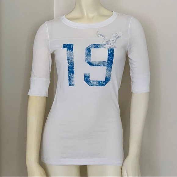 American Eagle Outfitters Tops - American Eagle Y2K VTG white blue varsity tee graphic sporty embroidered Elena